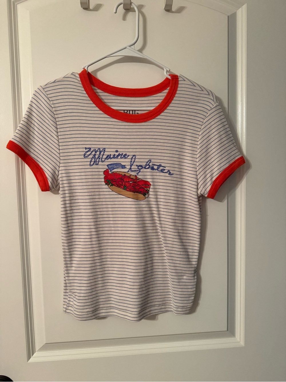 BDG White and Blue Striped Ringer Tee with Lobster Embroidery and Orange trim